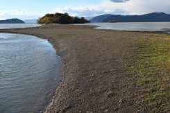 陸続きになった「奥の洲」　左は竹生島