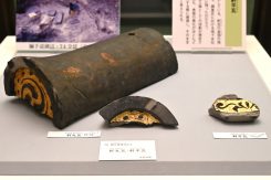 平成10年、搦手道（からみてみち）から出土した金箔瓦