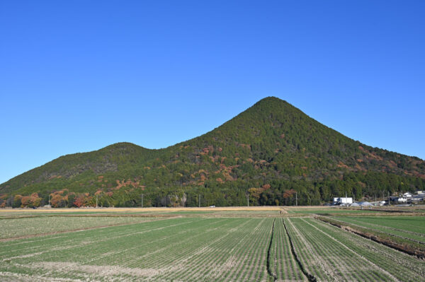野洲市北桜標高432メートルの三上山は、男山（右）・女山の二つの峰からなる