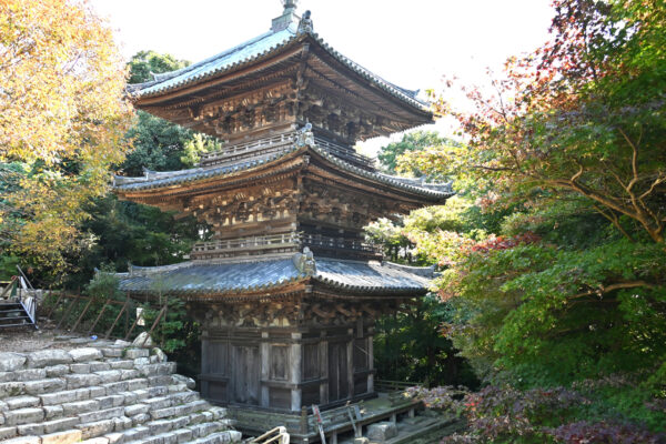 信長が1575（天正3）年ころ甲賀の長寿寺から移築したとされる三重塔（国重要文化財）